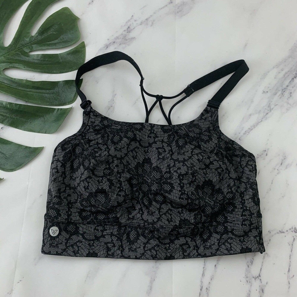 Livi Active Longline Wire Free Sports Bra Size 16 Black Gray Lace Print Strappy